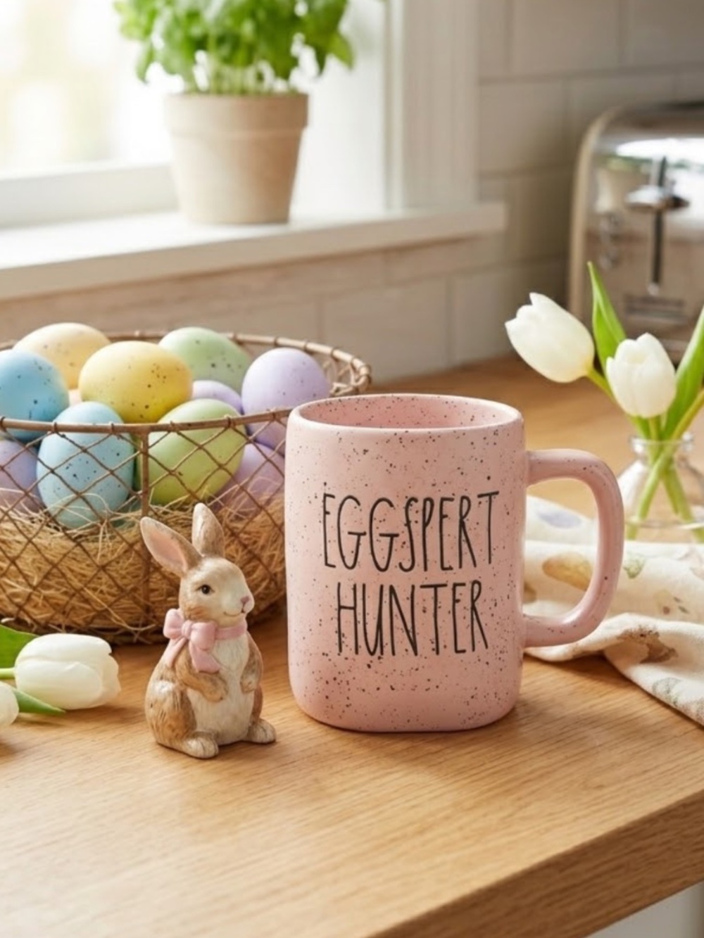 Rae Dunn Ceramic Easter Pink Speckled Large Letter Coffee Mug Eggspert Hunter